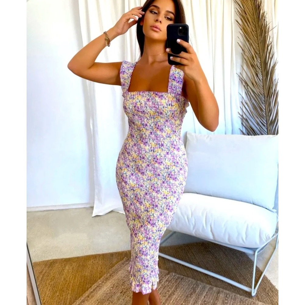 SNDYS Everyday Tina Midi Dress Size 2 Purple Yellow Floral Print Smocked Bodycon